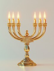 An ornate, traditional gold menorah with seven branches and a shamash in the center.