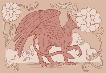 illustration in medieval style, mythological creature griffin	
