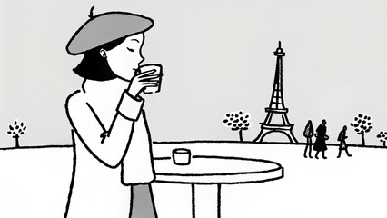 A stylish Parisian woman in a beret and trench coat sips espresso at a charming outdoor café. The Eiffel Tower stands in the background as people walk along streets