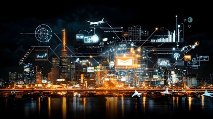 A vibrant neon cityscape representing the technological advancement and digital transformation shaping the future of education  This futuristic showcases the smart connected