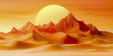 surreal yellow toned 3D desert with glowing sand dunes and large sun
