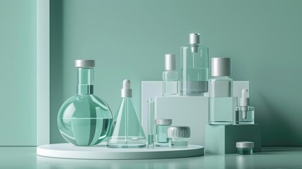 Cosmetic podium display featuring glass flask and cylinder equipment in a modern medical science lab background. 3D rendered, professional and clean