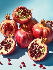 Pomegranate fruit with berries and nuts on top, in front of a white background.