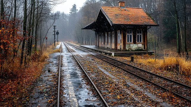 Abandoned and forgotten train station standing alone in a misty autumnal countryside landscape with wooden cabin old train schedule and overgrown tracks