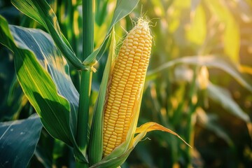 Organic Corn Field with Golden Ripe Ear Close-Up Under Natural Light