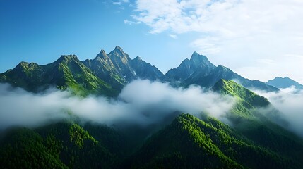 Fototapeta premium Misty Green Mountains Under a Blue Sky