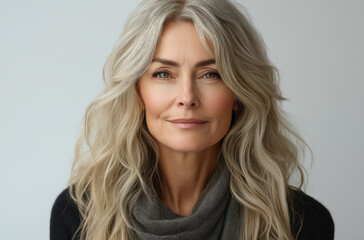 Fototapeta premium A beautiful, attractive, and graceful mature woman around 50 years old with white hair gently touches her face in front of a light grey background. This elegant image is perfect for a beauty 