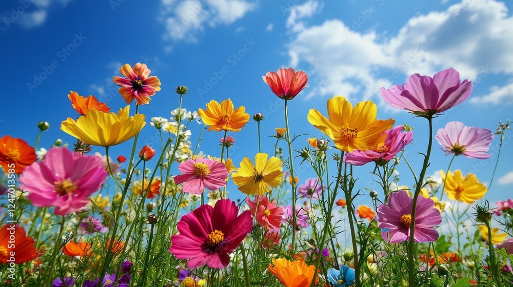 Poster a breathtaking display of wild flowers showcases brilliant colors on a sunny spring day. the flowers