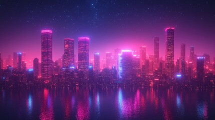 Fototapeta premium Neon Cityscape Night Reflection, Cyberpunk