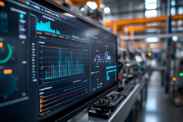 Computer screen showing industrial production analytics in a modern factory