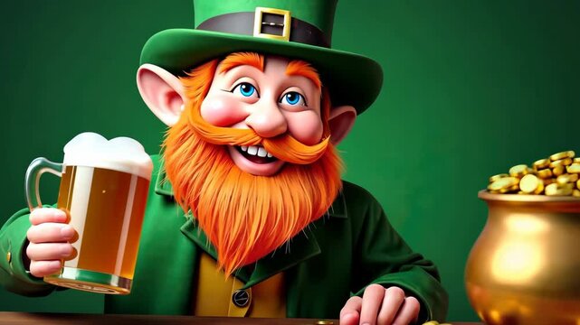 Leprechaun sitting at a table with a mug of beer and a pot of gold, concept of st patricks day irish folklore celebration. H