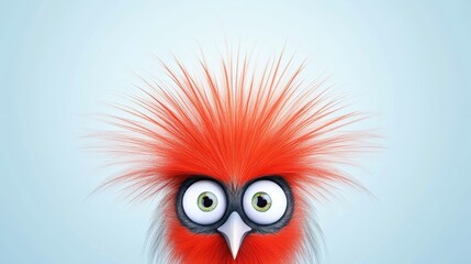 Fototapeta premium Colorful Cartoon Bird with Spiky Hair - A vibrant cartoon bird with bright red spiky feathers and large expressive eyes against a soft blue background.