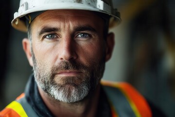 Fototapeta premium Portrait of a Skilled Construction Worker Wearing Safety Gear Against Urban Building Site Background