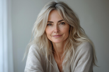 Fototapeta premium A beautiful, attractive, and graceful mature woman around 50 years old with white hair gently touches her face in front of a light grey background. This elegant image is perfect for a beauty 