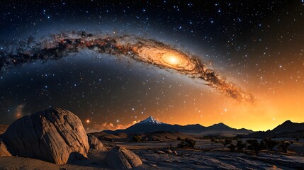 Obraz premium Breathtaking cosmic landscape showcasing the Sagittarius Dwarf Spheroidal Galaxy partially obscured by the Milky Way and its dazzling stars creating a mesmerizing celestial display