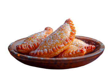 Cutout of traditional Indian Holi sweets with powdered sugar isolated on a transparent background.
