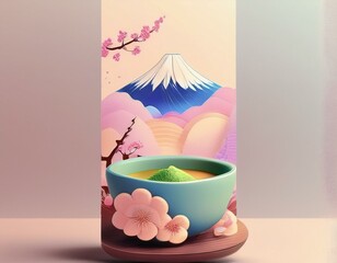 A concept poster for a traditional Japanese matcha brand. The background features a soft watercolor painting of Mount Fuji.