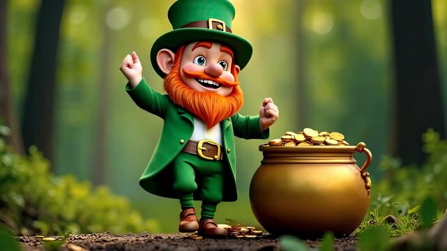 Dancing cartoon leprechaun and pot of gold in a magical forest setting, concept of st patrick's day, irish folklore, adventure.