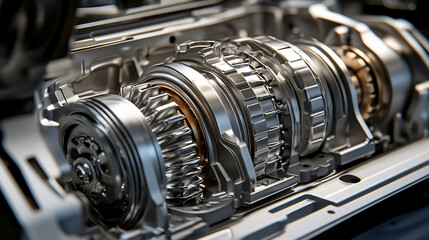 Fototapeta premium A close-up of an automobile's gearbox reveals intricate steel gears interconnected on the transmission shaft, perfect for brochures and advertising.