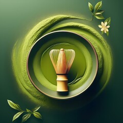 A bamboo whisk and traditional matcha bowl sits, with soft lighting and subtle matcha powder surrounding, giving a sense of warmth, zen and tranquility