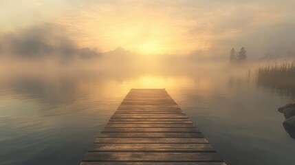Relaxing Morning at the Lake Pier During Sunrise with Calm Waters and Golden Light