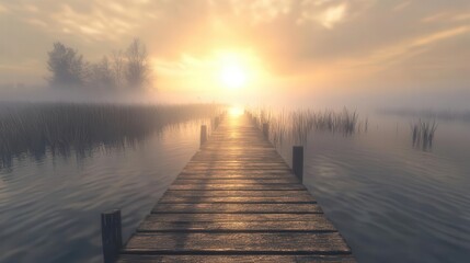 Fototapeta premium Relaxing Morning at the Lake Pier During Sunrise with Calm Waters and Golden Light