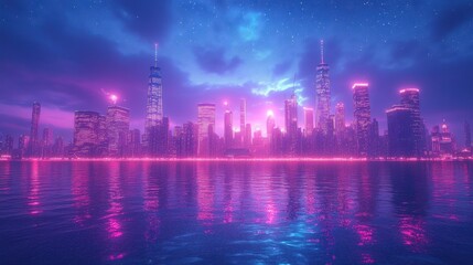 Obraz premium Neon Cityscape, Night, Water Reflection, Fantasy