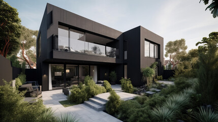 Fototapeta premium A contemporary urban home with sharp architectural lines, black and white contrast siding, 