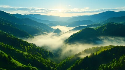 Fototapeta premium Misty Sunrise Mountain Valley Landscape