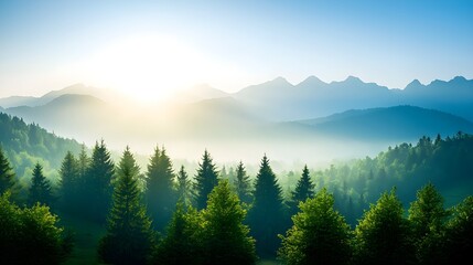 Fototapeta premium Misty Sunrise Over Green Mountains