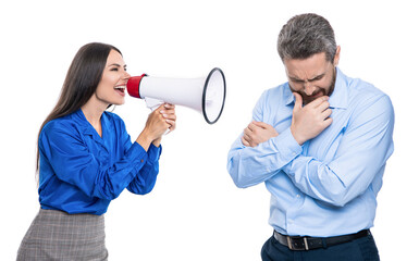 businesswoman shouting on employee in loudspeaker isolated on white. business boss has conflict with partner about promotion. solving conflict. rivalry concept. business conflict. big problem