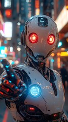 Fototapeta premium A robot with glowing eyes stands amidst a bustling cityscape at night.