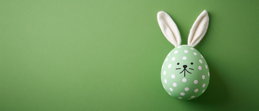easter, holiday greeting card, pastel green easter egg with bunny face and ears, pastel green background - Powered by Adobe