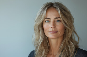 Fototapeta premium A beautiful, attractive, and graceful mature woman around 50 years old with white hair gently touches her face in front of a light grey background. This elegant image is perfect for a beauty 