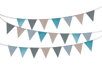 Obraz premium grainy colour illustration of triangle flags on string isolated on white background, colorful birthday garland