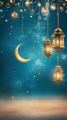 An elegantly designed Ramadan banner in rich blue and gold hues. It captures the spiritual essence of Ramadan, symbolizing devotion and serenity through its intricate details.