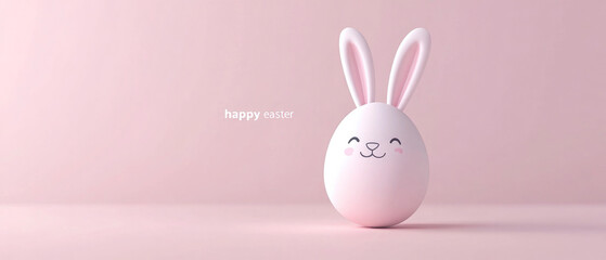 Fototapeta premium easter holiday, greeting card, easter egg with bunny face and ears, pastel pink background, text 