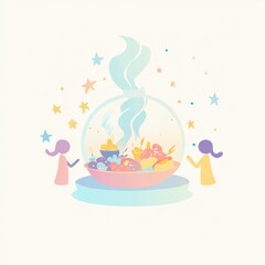 Naklejka premium Two girls admire festive food under glass bowl with stars in dreamy background