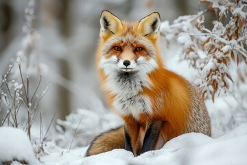 Fototapeta premium Red fox sitting in snow covered forest