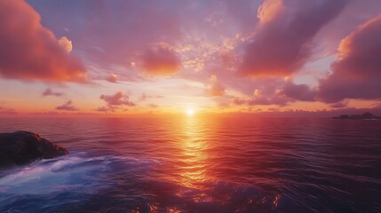 Obraz premium sunset splendor over tropical sands with lush mountains in view image