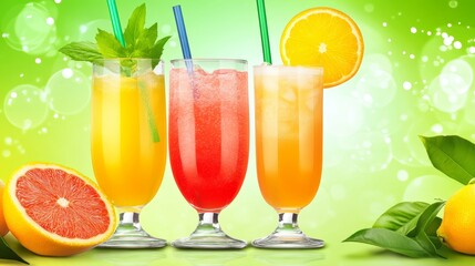Fototapeta premium Refreshing Citrus Drinks with Fresh Green Background - Delight in vibrant citrus drinks featuring fresh ingredients, perfect for summer. Enjoy the colorful presentation and invigorating flavors.