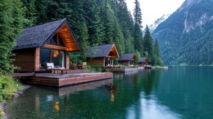 Obraz premium Lakeside cabins, mountain view, evening calm, tranquil getaway