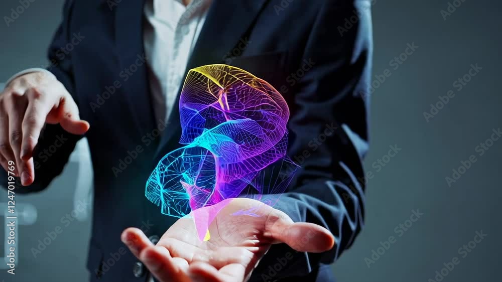 Poster businessman manipulating a colorful, abstract, three dimensional hologram projected above his hands,