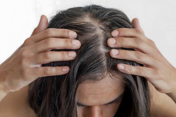 Fototapeta premium Close-Up Photograph of a Woman’s Scalp with Thinning Hair, Center Part, and Hands Holding Hair for Examination