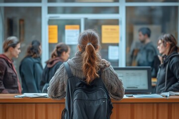 University student asking information at the reception desk