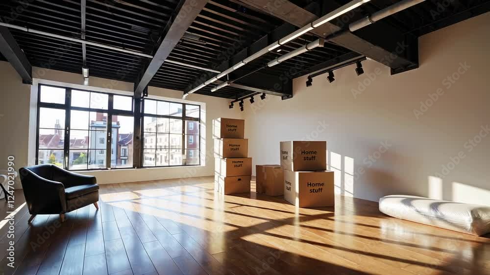Poster soft sunlight streaming through large windows, illuminating scattered cardboard boxes and bubble wra