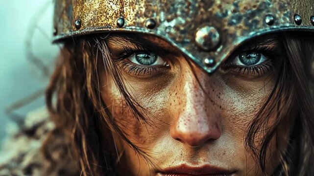 female viking warrior in rain and battle