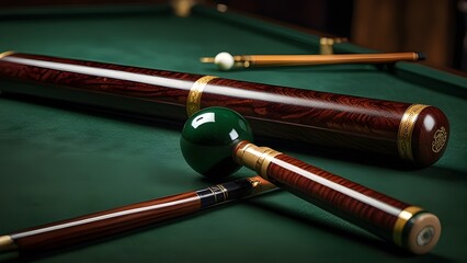 A close-up shot of a green billiard table with two wooden cues and a white cue ball, positioned for the perfect shot. The lighting enhances the depth and precision.

