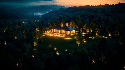 Modern House Illuminated at Night in a