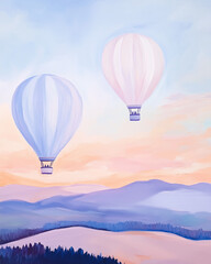 Obraz premium Two Hot Air Balloons Float Over a Serene Landscape at Dusk With Soft Pastel Colors in the Sky
